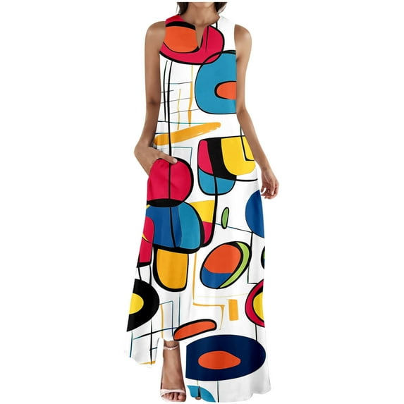 ZQUUVOU Women's Dress Summer Printing Floral Sleeveless Maxi Dress E-Multicolor,L