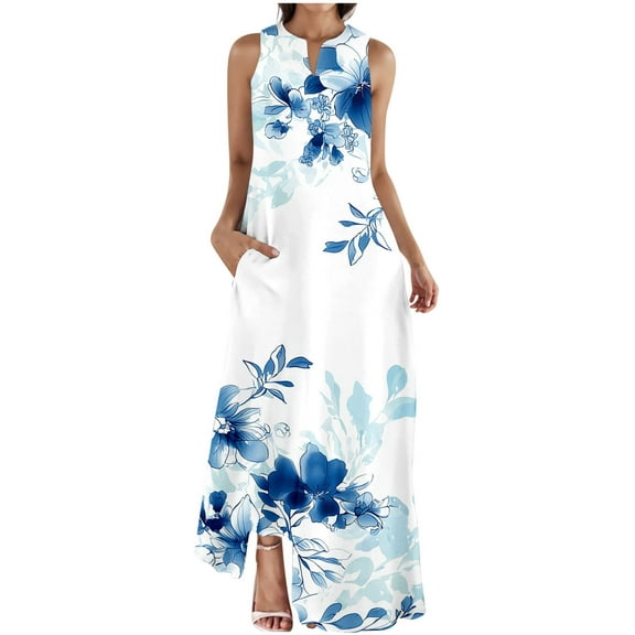 ZQUUVOU Women's Dress Summer Printing Floral Sleeveless Maxi Dress F-Blue,XL