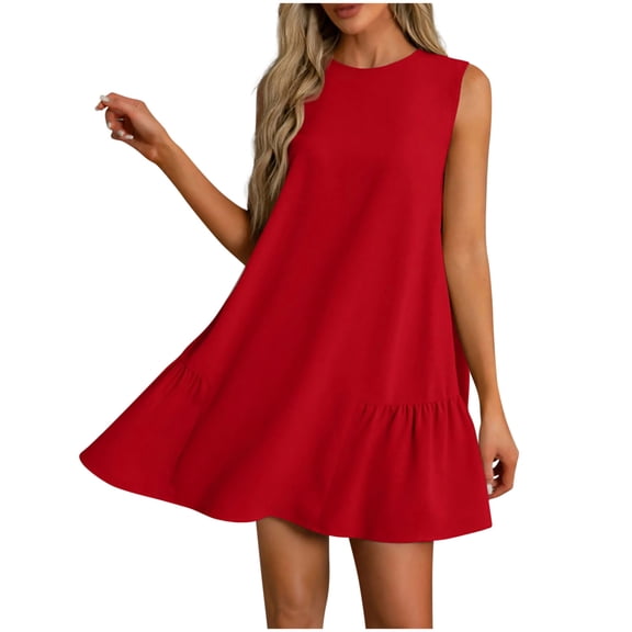 ZQUUVOU Women's Dress Summer Solid Color Round Neck Sleeveless A Line Mini Dress Red,L