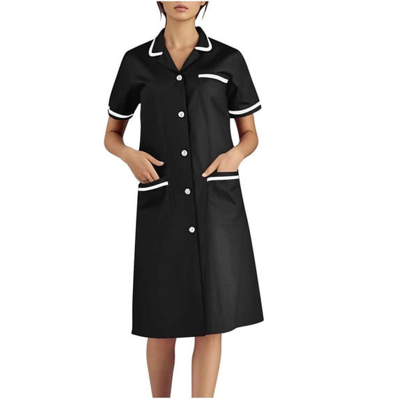 ZQUUVOU Women's Dress Turn-Down Collar Solid Color Button Casual Work Midi Dress Pockets Black,S