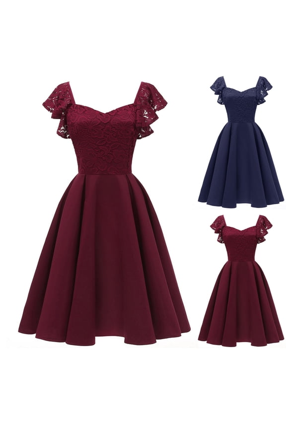 Women's Elegant Evening Dress Wedding Guest Dress Lace Sleeve Satin Flared Ball Gown Tea Length Prom Dresses Burgundy
