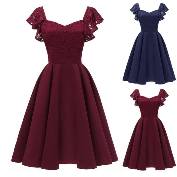 ZQUUVOU Women's Elegant Evening Dress Wedding Guest Dress Lace Sleeve Satin Flared Ball Gown Tea Length Prom Dresses Burgundy