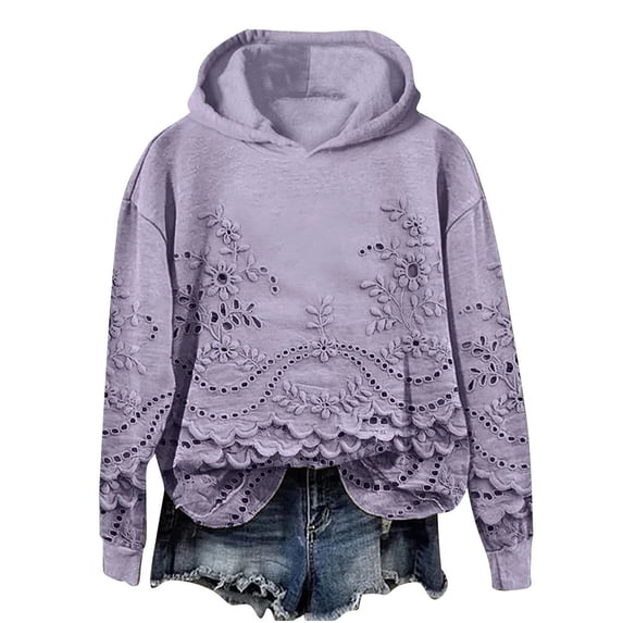 ZQUUVOU Women's Embroidery Hooded Sweatshirt Hollow Out Floral Lace Hooded Sweatshirt Long Sleeve Casual Tops White