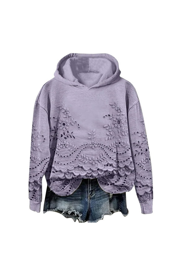 Women's Embroidery Hooded Sweatshirt Hollow Out Floral Lace Hooded Sweatshirt Long Sleeve Casual Tops White