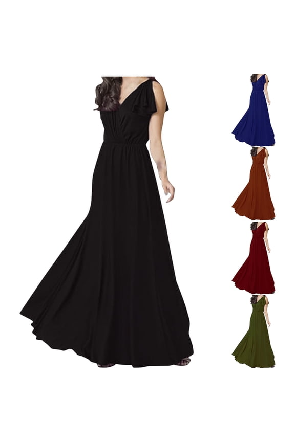 Women's Evening Gown Sleeveless V Neck Maxi Dress Cocktail Party Ruffle Bridesmaid Prom Gown Maxi Dress Burgundy