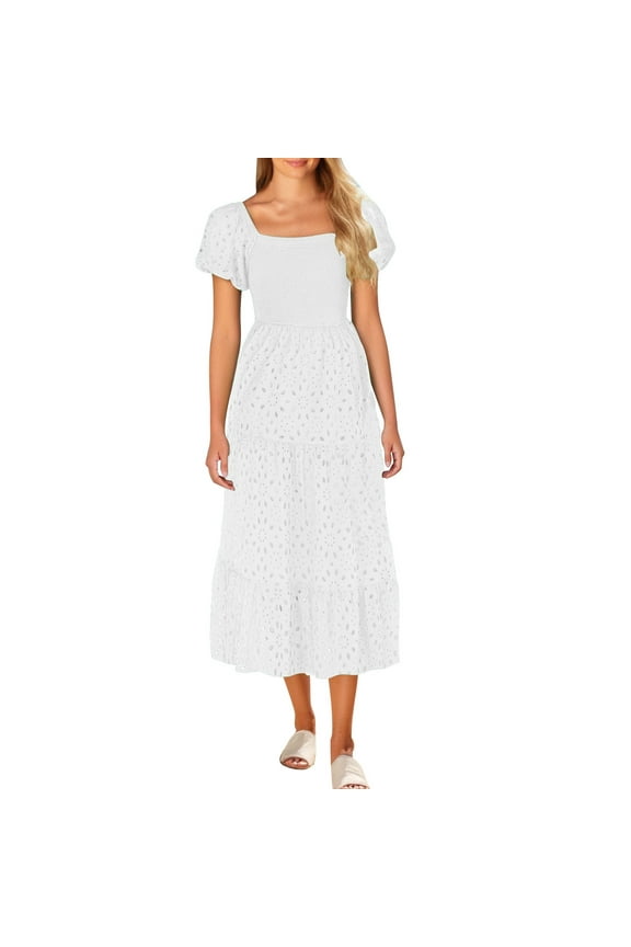 Women's Eyelet Lace Maxi Dress Square Neck Puff Sleeve Smocked Ruffle Skirt Bohemian Summer Garden Party White