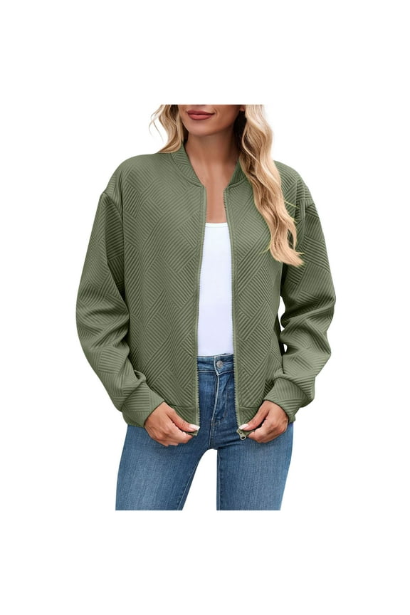 Women's Fall Baseball Jacket Casual Solid Color Crew Neck Zip Front Loose Stand Collar Jacket with Pocket Olive Green