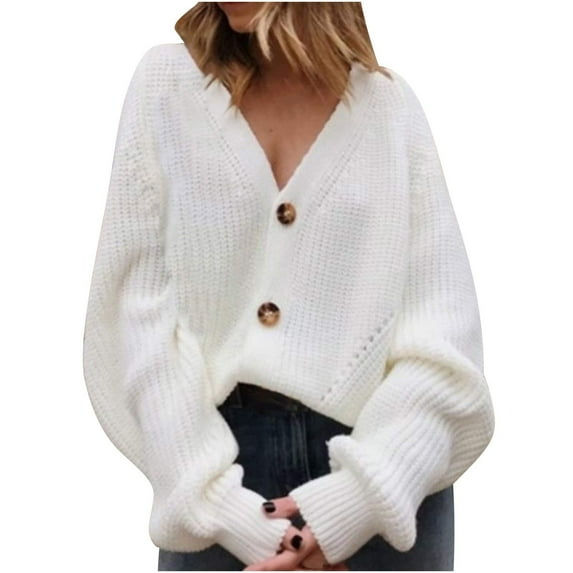ZQUUVOU Women's Fall Cardigan Sweaters Loose Casual Crewneck Long Sleeve Chunky Soft Cable Knit Blouse Tops White