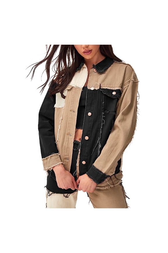 Women's Fall Denim Jacket Edge Trim Contrast Color Long Sleeve Coat Lightweight Comfortable Trendy Winter Tops Black