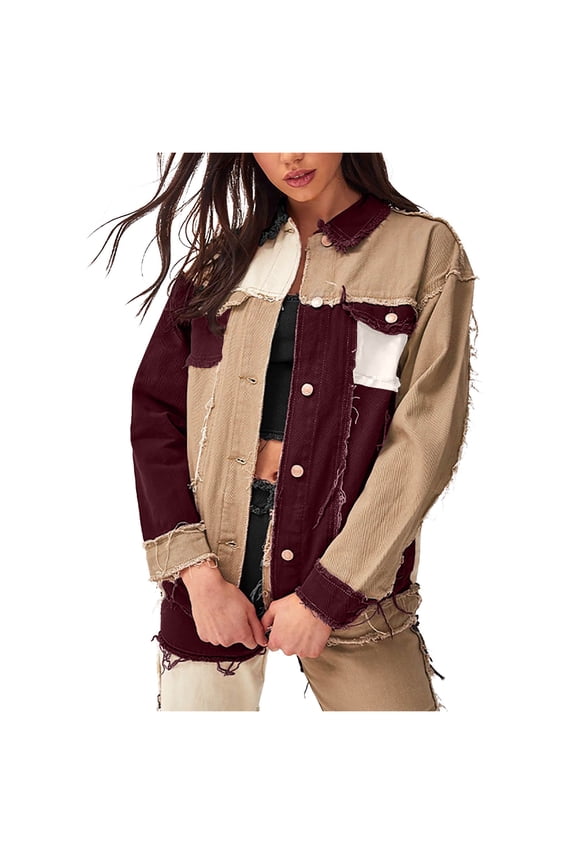Women's Fall Denim Jacket Edge Trim Contrast Color Long Sleeve Coat Lightweight Comfortable Trendy Winter Tops Brown