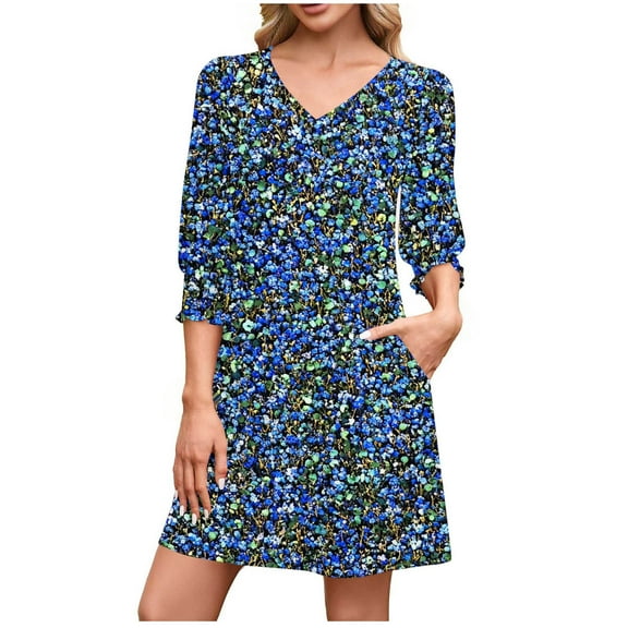 ZQUUVOU Women's Fall Dress 3/4 Sleeve V Neck Knee Length Chic Outfit Spring Summer Cotton Loungewear Outfits Blue B