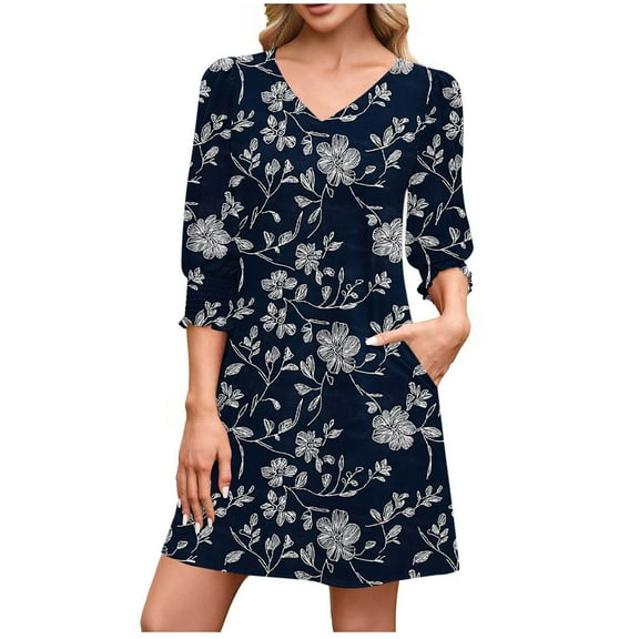 ZQUUVOU Women's Fall Dress 3/4 Sleeve V Neck Knee Length Chic Outfit Spring Summer Cotton Loungewear Outfits Navy B