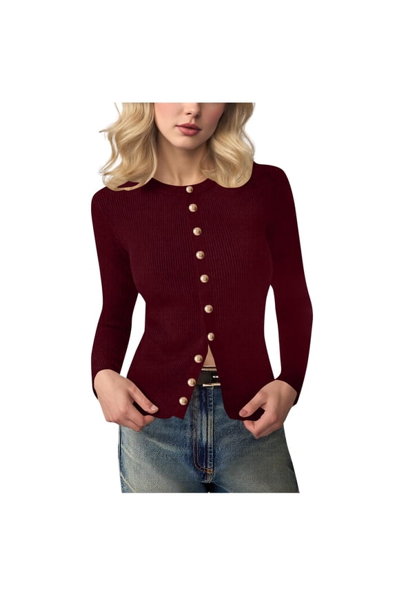 Women's Fall Knit Sweater Winter Slim Solid Color Button Down Long Sleeve Round Neck Tops Cardigan Burgundy