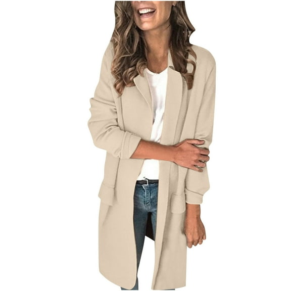 ZQUUVOU Women's Fall Lightweight Coat Notch Lapel Long Sleeve Trendy Open Front Long Jackets Casual Oversized Outfits Beige