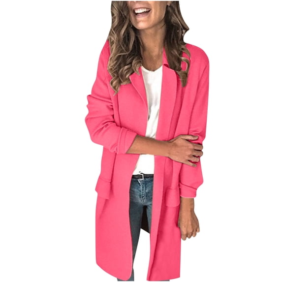 ZQUUVOU Women's Fall Lightweight Coat Notch Lapel Long Sleeve Trendy Open Front Long Jackets Casual Oversized Outfits Pink