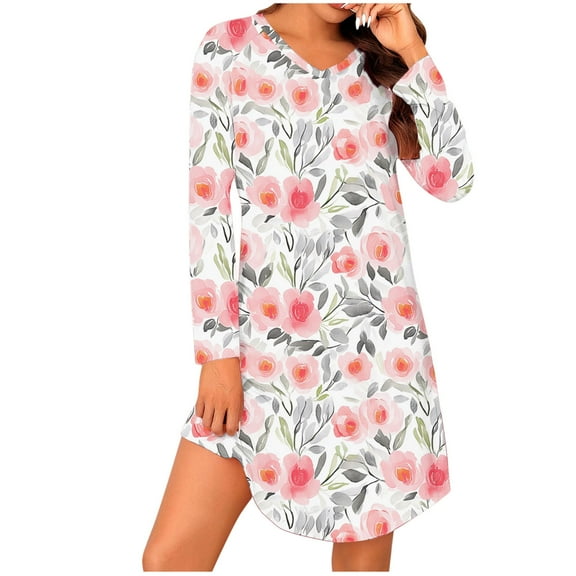 ZQUUVOU Women's Fall Nightgown Long Sleeve Heary Printed Nightdress Cotton V Neck Casual Comfortable Loungewear White D