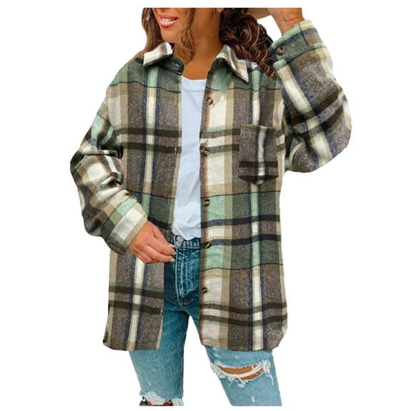 ZQUUVOU Women's Fall Plaid Shirt Winter Fashion Collar Jacket with Pockets Long Sleeve Casual Street Trendy Coat Green