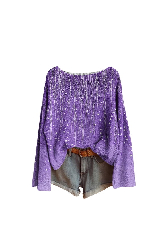 Women's Fall Sweater Pullover Printed Long Sleeve Round Neck Winter Top Soft Lightweight Casual Daily Wear Purple