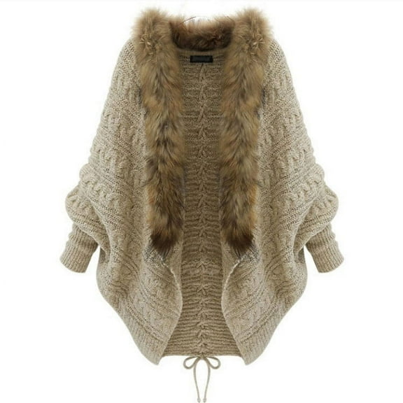 ZQUUVOU Women's Fall Winter Cape Poncho Casual Open Front Faux Fur Collar Cardigan Soft Warm Cover Up Lounge Wear Tops Khaki