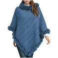 thumbnail image 1 of ZQUUVOU Women's Fall Winter Knit Cape Poncho Solid Color Pullover Faux Fur Trim Cable Knit Chunky Turtleneck Cardigan Blue, 1 of 4