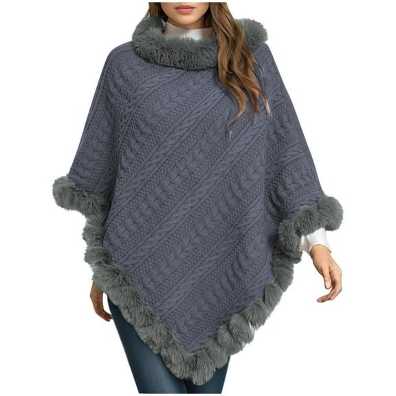 ZQUUVOU Women's Fall Winter Knit Cape Poncho Solid Color Pullover Faux Fur Trim Cable Knit Chunky Turtleneck Cardigan Gray