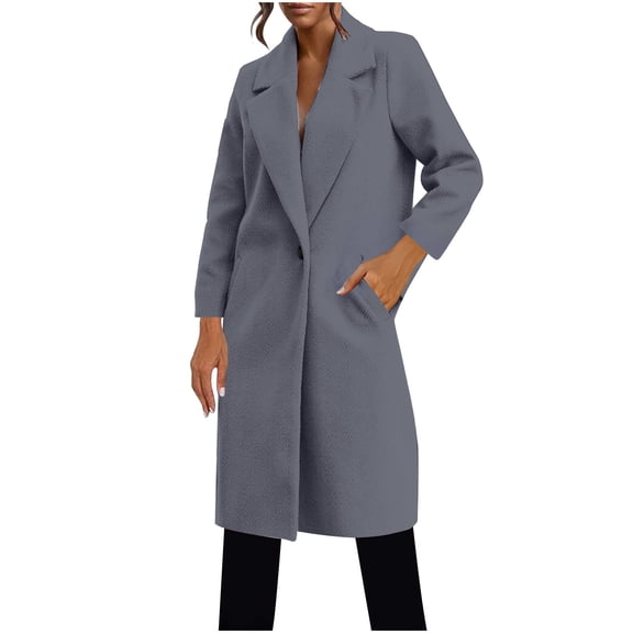 ZQUUVOU Women's Fall Winter Long Pea Coat Notch One Button Trench Coat Fleece Warm Overcoat Long Jacket with Pocket Gray