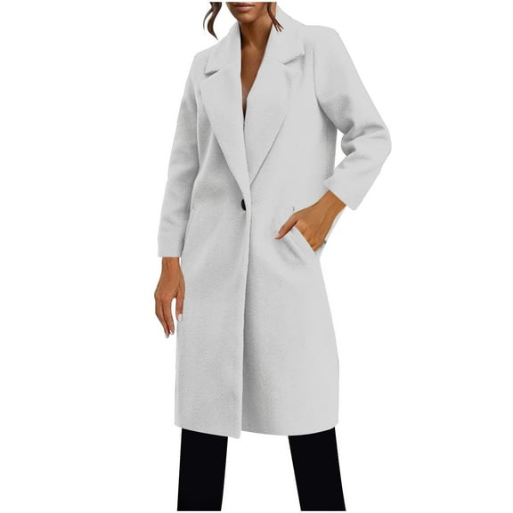 ZQUUVOU Women's Fall Winter Long Pea Coat Notch One Button Trench Coat Fleece Warm Overcoat Long Jacket with Pocket White