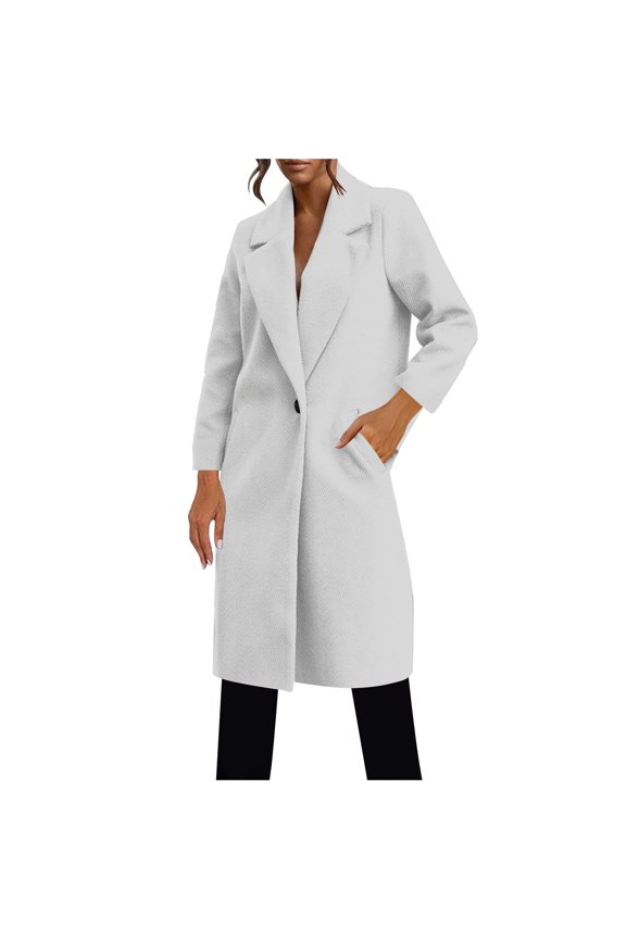 Women's Fall Winter Long Pea Coat Notch One Button Trench Coat Fleece Warm Overcoat Long Jacket with Pocket White