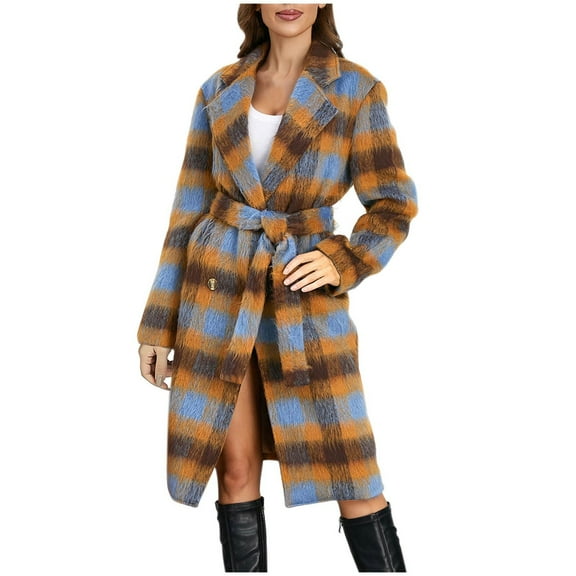 ZQUUVOU Women's Fall Winter Plush Coat Long Sleeve Plaid Fleece Overcoat Notch Lapel Loose Vintage Warm Longline Coat Blue