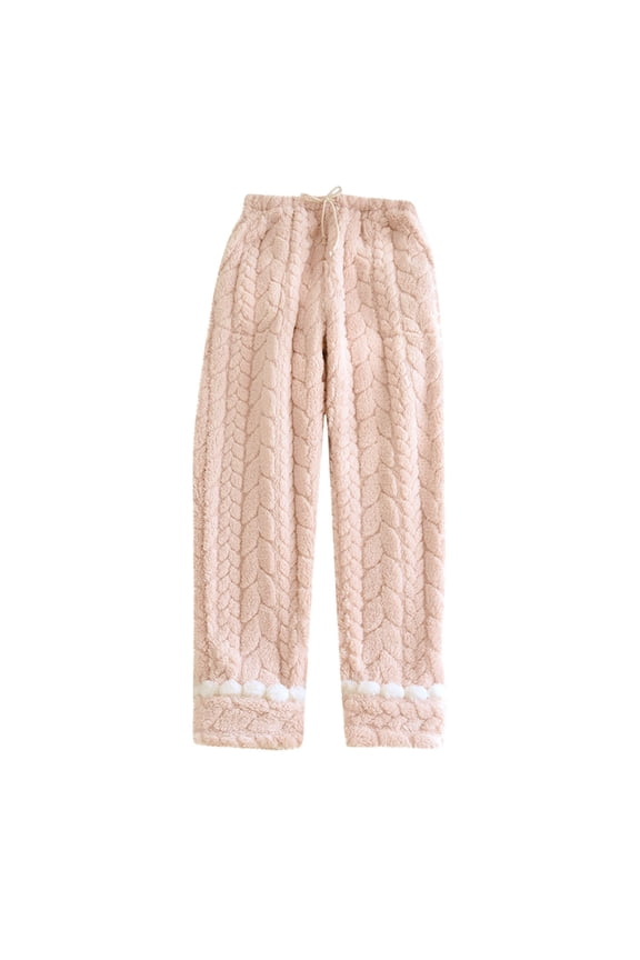 Women's Fannel Pajamas Pants Winter Warm Plush Solid Color Fleece Casual Elastic Waist Pajamas Pants Pink C