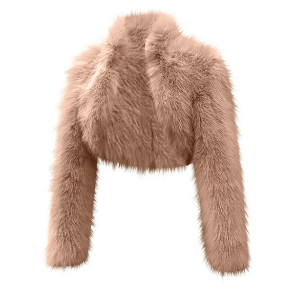 ZQUUVOU Women's Faux Fur Cropped Jacket Short Length Stand Collar Elegant Open Front Long Sleeve Cardigan Shaggy Short Coat Brown