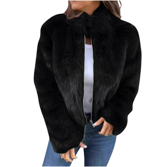 ZQUUVOU Women's Faux Fur Jacket Winter Warm Zip Up Front Plain Color Long Sleeve Comfortable Plush Thermal Outerwear Black
