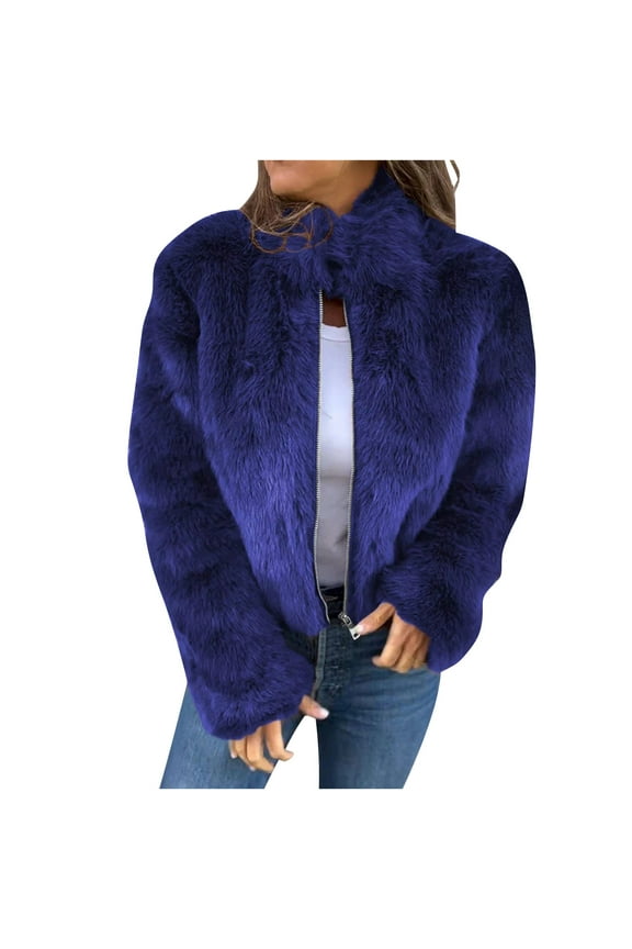 Women's Faux Fur Jacket Winter Warm Zip Up Front Plain Color Long Sleeve Comfortable Plush Thermal Outerwear Blue