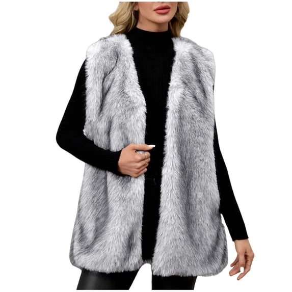ZQUUVOU Women's Faux Fur Vest V Neck Sleeveless Vintage Fashion Open Front Coat Fashion Fall Winter Warm Fuzzy Vests Gray