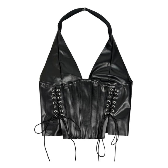 ZQUUVOU Women's Faux Leather Halter Corset Tops Zipped Backless Plunge V Neck Slit Grommet Eyelet Lace Up Party Tank Club Outfits Black