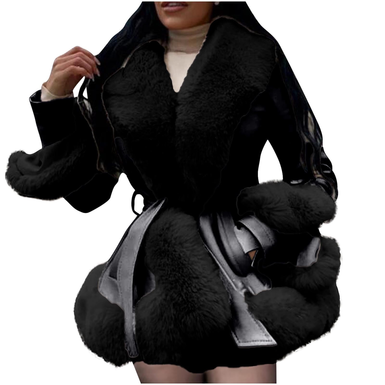 ZQUUVOU Women's Faux Leather Jacket with Faux Fur Collar Fall Winter Trendy Long Sleeve Furry Trim Parka Coat with Belt Black