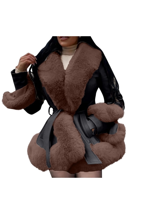 Women's Faux Leather Jacket with Faux Fur Collar Fall Winter Trendy Long Sleeve Furry Trim Parka Coat with Belt Brown