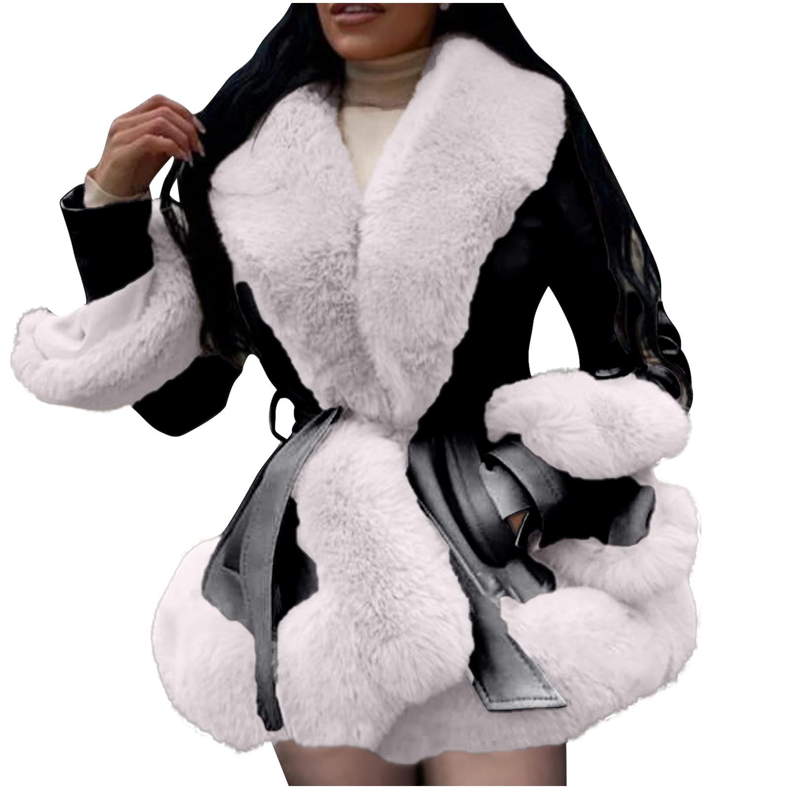 ZQUUVOU Women's Faux Leather Jacket with Faux Fur Collar Fall Winter Trendy Long Sleeve Furry Trim Parka Coat with Belt White