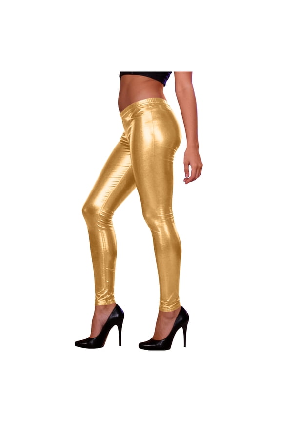 Women's Faux Leather Leggings Shiny Metallic Stretch Patent High Waist Capri Length PU Tights Slim Workout Leggings Gold