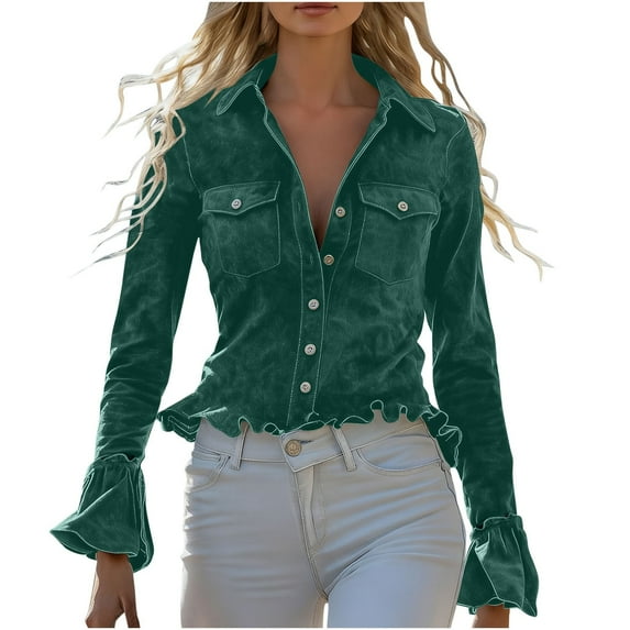 ZQUUVOU Women's Faux Suede Blouse Slim Collar Ruffle Trim Button Front Vintage Shirt for Women Vintage Outfit Green