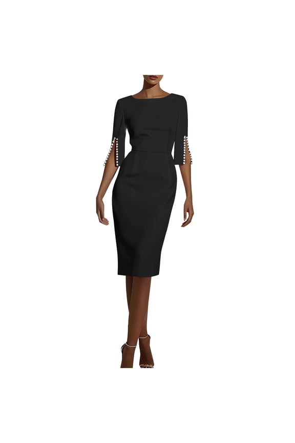 Women's Fitted Dress Round Neck 3/4 Sleeve Classy Bodycon Knee Length Office Dress for Work Formal Outfits Black