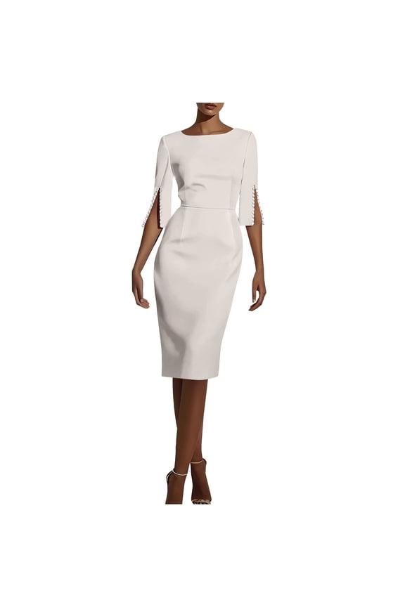 Women's Fitted Dress Round Neck 3/4 Sleeve Classy Bodycon Knee Length Office Dress for Work Formal Outfits White