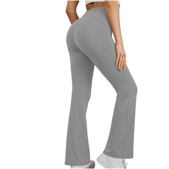 ZQUUVOU Women's Flared Yoga Pants High Waist Solid Color Tummy Control Pocket Butt Lifting Workout Leggings Gym Gray