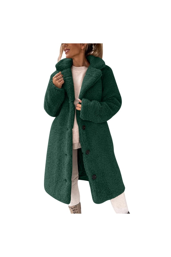 Women's Fleece Coat Mid Length Plush Jacket with Notch Lapel Long Sleeve for Fall Winter Thermal Coat Olive Green A