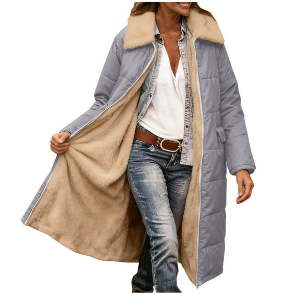ZQUUVOU Women's Fleece Coat Winter Casual Loose Zip Front Top Reversible Wear Collar Quilted Coat with Pockets Gray