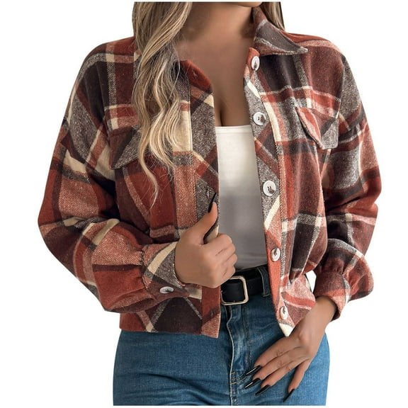 ZQUUVOU Women's Fleece Cropped Jacket Fall Winter Casual Plaid Button Down Long Sleeve Jacket Lapel Collar Coat Orange