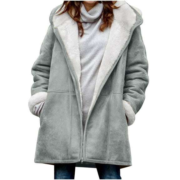 ZQUUVOU Women's Fleece Hoodie Plus Size Solid Color Zip Up Plush Lined Coat with Pockets Long Sleeve Warm Winter Casual Wear Gray