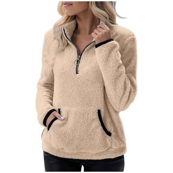 ZQUUVOU Women's Fleece Jacket Fall Plush Soft Fleece Pullover Long Sleeve Quarter Zip Hoodless for Fall Winter Layering Khaki