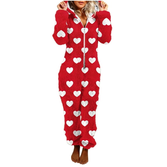 ZQUUVOU Women's Fleece Jumpsuit Long Sleeve Hooded Zipper Front Heart Print One Piece Loungewear for Winter Home Red
