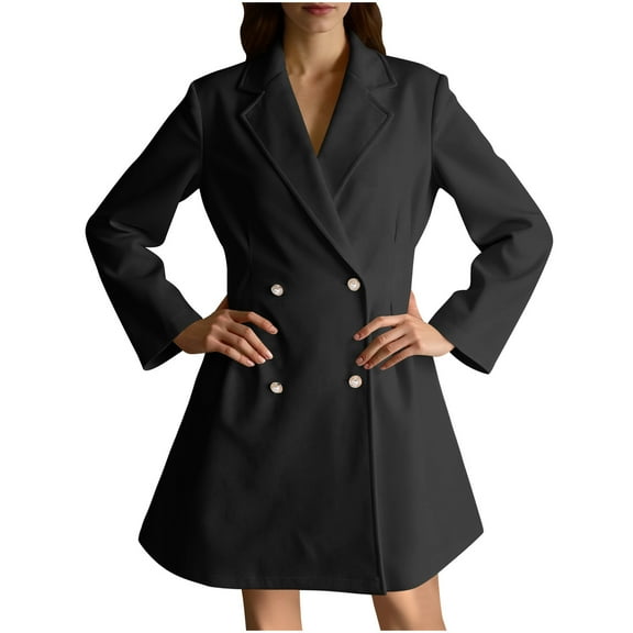 ZQUUVOU Women's Fleece Peacoat Dress Coat Winter Long Plush Notch Lapel Double Breasted Business Casual Outerwear Black